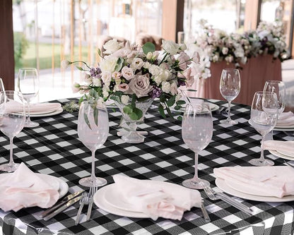 Disposable Checkered Tablecloth Round Plastic Buffalo Plaid Table Cloth 84'' Gingham Tablecover for Picnic Camping BBQ Graduation Party (Black and White, 6 Pieces)
