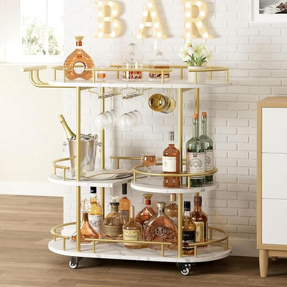 Garvee Bar Serving Cart with Wine Rack and Glass Holder, 3-Tier Rolling Serving Cart with 4 Wheels, Small Serving Table for Living Room, Kitchen, Dining Room, Gold+White