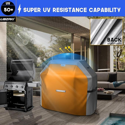 LIBZAKI Grill Cover 420D Waterproof, Weather Resistant, Rip-Proof, Anti-UV, Fade Resistant,Gas Grill Cover for Weber,Char Broil,Nexgrill Grills, etc.52 inches-Gray/Orange