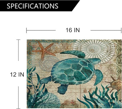 Sea Turtle Table Mats Set of 4 Beach Ocean Theme Placemats Waterproof Heat Resistant Washable Non-Slip Place Mats for Dinner Room Kitchen Decor Table 12”×16”