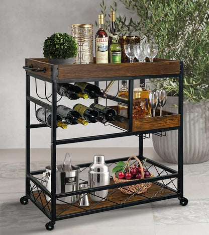 Bar Cart Industrial Mobile Kitchen Serving Carts for Home 3 Tier Storage Trolley with Wine Rack Glasses Holder Two Portable Trays Universal Casters with Brakes Rustic Rolling Cart for Indoor Outdoor