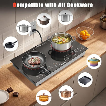 2 Burner Electric Cooktop, 24 Inch Countertop & Built-in Electric Stove 2000W, Portable Double Burner Ceramic Cooktop, Child Safety Lock, Timer, 8 Power Levels, 110V-120V Plug in