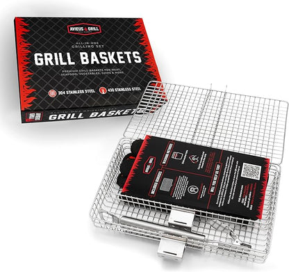 AVIEUS GRILL Grill Baskets for Outdoor Grill | 2 Grilling Baskets with Detachable Handle | Barbecue Grill Set with BBQ Gloves | Portable Camping Net Rack Perfect for Vegetables, Seafood & Meat