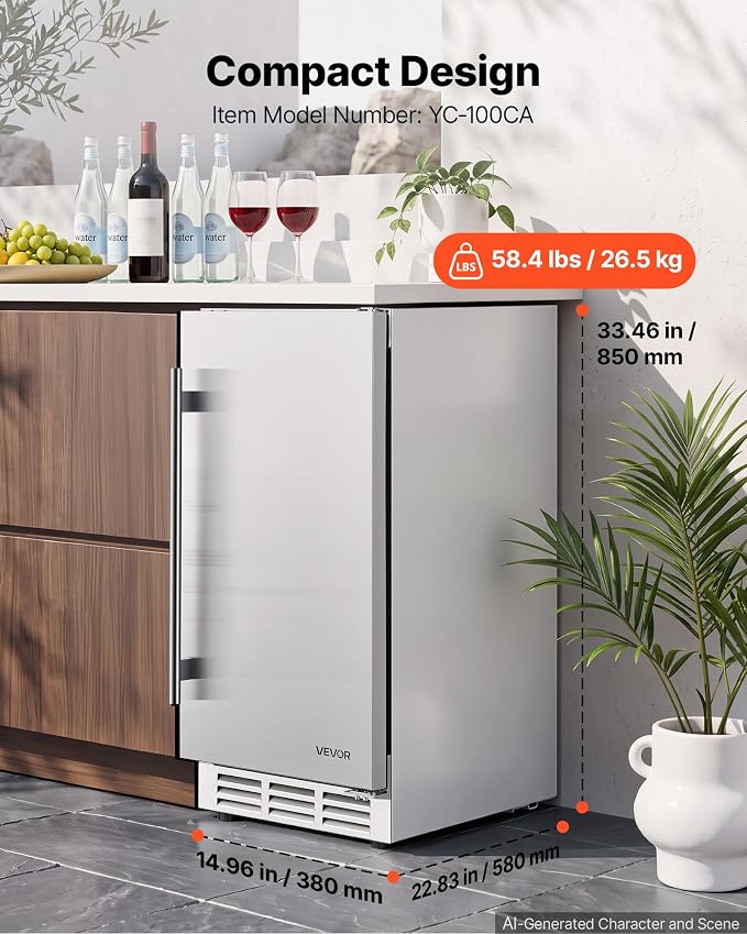 VEVOR Outdoor Beverage Refrigerator, 15 Inch Undercounter Drink Fridge | 304 Stainless Steel Body, 3.0 Cu. Ft, Hold 94 Cans, Powerful Cooling System, Built-in / Freestand Cooler, Home Bar & Patio