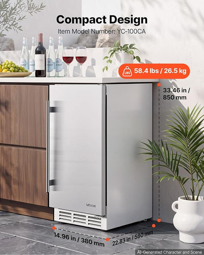 VEVOR Outdoor Beverage Refrigerator, 15 Inch Undercounter Drink Fridge | 304 Stainless Steel Body, 3.0 Cu. Ft, Hold 94 Cans, Powerful Cooling System, Built-in / Freestand Cooler, Home Bar & Patio