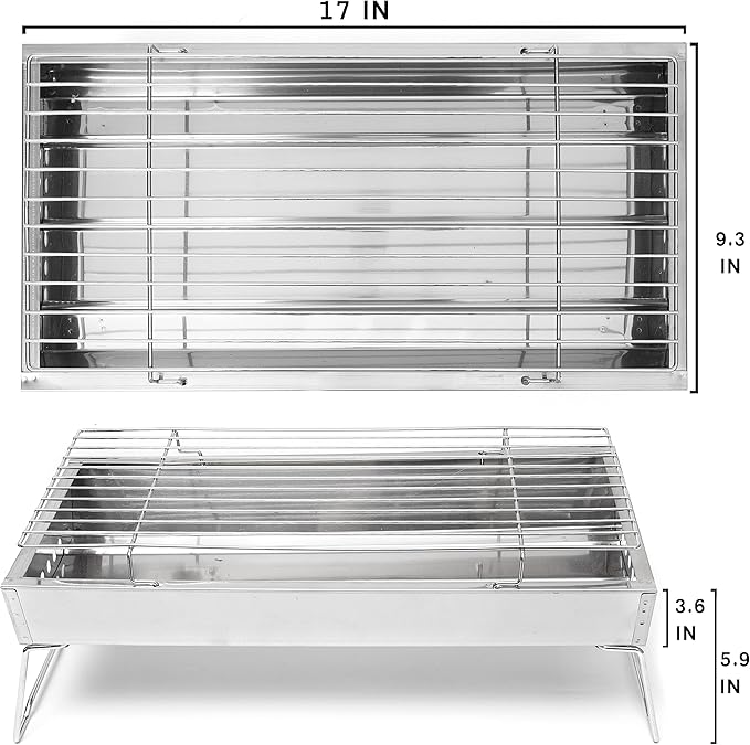 Moss & Stone 17" In Portable Tabletop Grill, Charcoal Barbecue Grill, Stainless Steel Portable Folding Tabletop Charcoal Grill For Shish Kabob Burgers & Meat Steak.