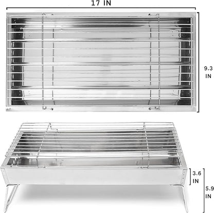 Moss & Stone 17" In Portable Tabletop Grill, Charcoal Barbecue Grill, Stainless Steel Portable Folding Tabletop Charcoal Grill For Shish Kabob Burgers & Meat Steak.