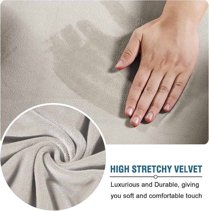 H.VERSAILTEX Modern Velvet Plush 4 Piece High Stretch Sofa Slipcover Sofa Cover Furniture Protector Form Fit Luxury Thick Velvet Sofa Cover for 3 Cushion Couch Width Up to 90 Inch (Sofa, Oatmeal)