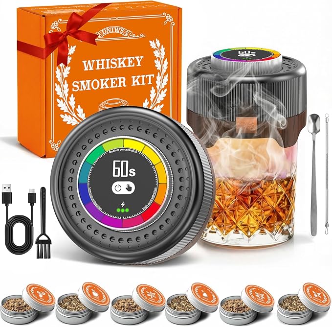 Electric Whiskey Smoker Kit with Adjustable Smoke Control (0–60s), Cocktail Smoker Kit with 6 Wood Chips, No Butane Needed, Old Fashioned Smoker Kit, Bourbon Gifts for Men, Wood Grain