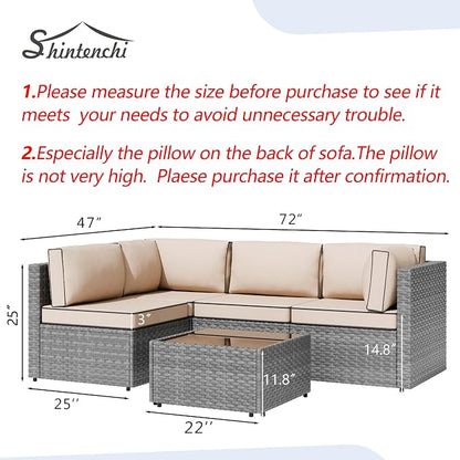 5 Piece Outdoor Patio Furniture Set,Silver PE Rattan Wicker Sectional Sofa, All Weather Conversation Set with Washable Cushions & Glass Coffee Table for Backyard Poolside Garden Porch,Khaki