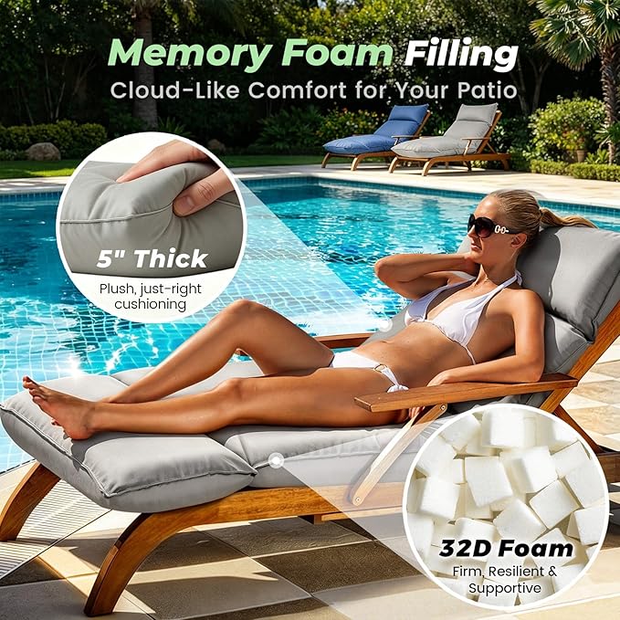 Outdoor Chaise Lounge Chair Cushion, Waterproof Non-Slip Patio Chaise Lounge Cushions for Outdoor Furniture, 72 x 21 x 5 Inches, Grey
