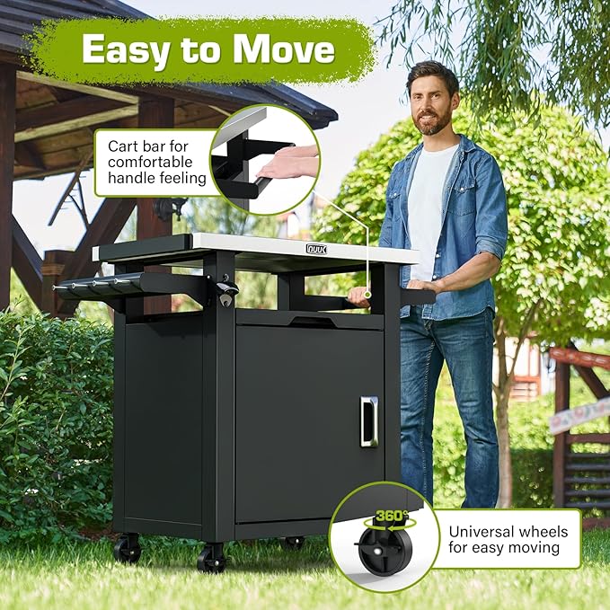 NUUK Grill Table with Storage Cabinet, Outdoor Bar Cart Pizza Oven Table with Wheels, Stainless Steel Top Kitchen Island 20" x 30" Rolling Prep Station for Indoor, BBQ, Deck, Backyard
