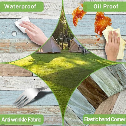 JAWO Rustic Wooden Picnic Table Cover with Bench Covers, Modern Camping RV Essentials Gear Supplies Outdoor Waterproof Windproof Tablecloth with Elastic, 30X96in