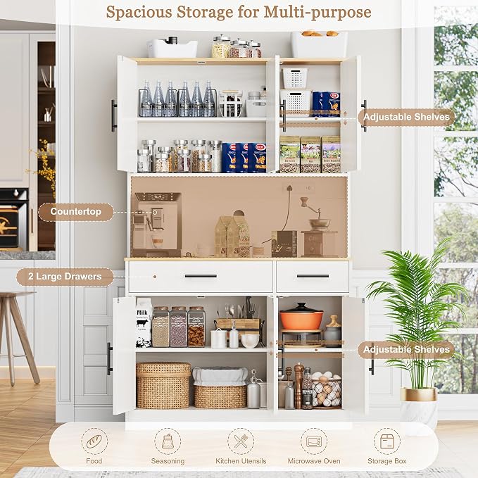 Shintenchi Pantry Cabinet with Charging Station, 70” Tall Kitchen Storage Cabinet with Microwave Stand, Storage Drawers & Adjustable Shelves, Large Capacity Kitchen Hutch for Dining Room, White