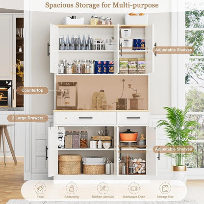 Shintenchi Pantry Cabinet with Charging Station, 70” Tall Kitchen Storage Cabinet with Microwave Stand, Storage Drawers & Adjustable Shelves, Large Capacity Kitchen Hutch for Dining Room, White