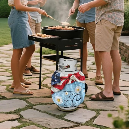 American Flag Propane Tank Cover 20 lb Patriotic Weather Resistant Windproof Gas Cylinder Polyester Daisy 4th of July Decoration Slip-On Standard Tank Cover