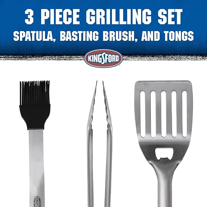 Kingsford 3-Piece Stainless Steel BBQ Tool Set with Spatula, Tongs with Rubber Grip, and Silicone Basting Brush, Rust-Resistant Grilling Tools for Outdoor Cooking, 3 Count