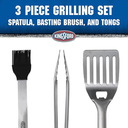 Kingsford 3-Piece Stainless Steel BBQ Tool Set with Spatula, Tongs with Rubber Grip, and Silicone Basting Brush, Rust-Resistant Grilling Tools for Outdoor Cooking, 3 Count