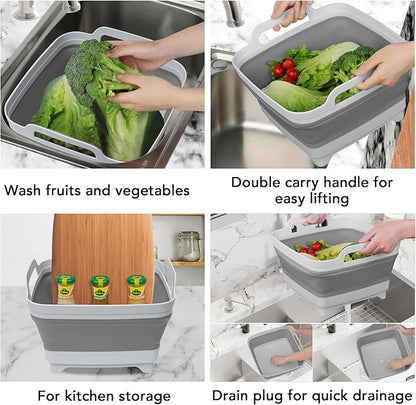 Tiawudi Dishpan for Washing Dishes, 2.4Gal/9L Wash Basin with Draining Plug Carry Handles, Collapsible Bucket for Cleaning, Portable Sink, Foldable Plastic Tub, 1PC