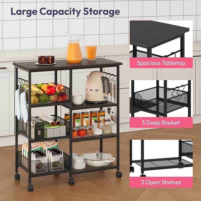 SWTYMIKI Kitchen Island Cart on Wheels - 28.35x14.57in Rolling Kitchen Table Cart with Storage Shelves, 6 Removable Hooks& Locking Casters, Coffee Bar Cabinet for Dining Room Pantry Office, Black