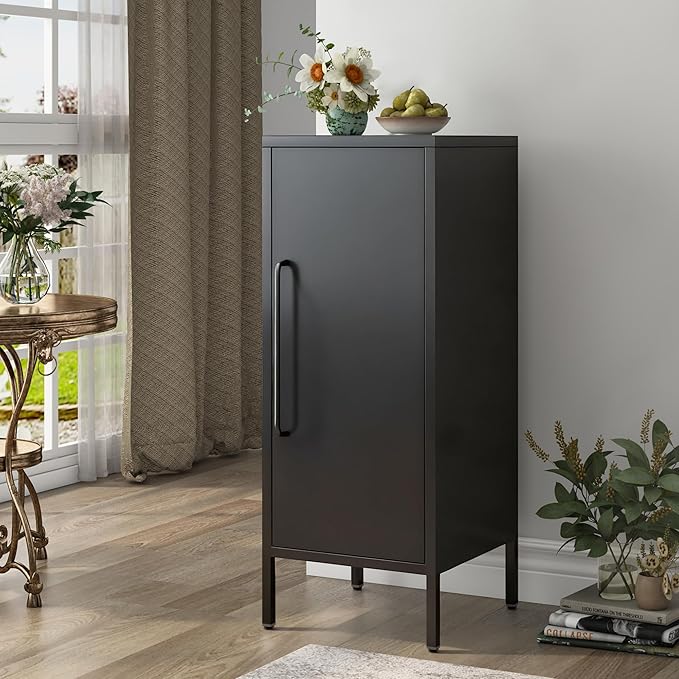 Metal Storage Cabinet with Door & 2 Adjustable Shelves 39.5” Small Storage Cabinet with Magnetic Closure for Home Office Garage Kitchen (Black)