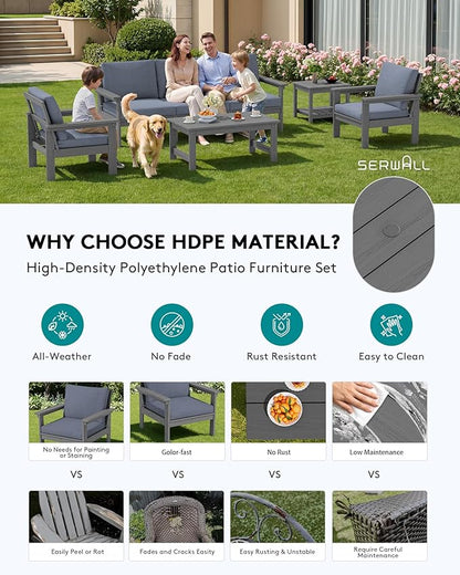 SERWALL HDPE Patio Furniture Set with 15FT Patio Umbrella, 7-piece Outdoor Sectional Sofa Set, All Weather Patio Couch Set for Deck, Gray &Gray (Umbreall Base not Included)