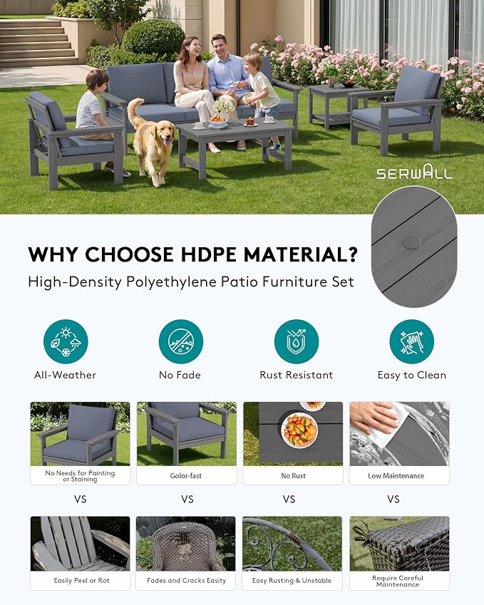 SERWALL HDPE Patio Furniture Set, 7-piece Outdoor Sectional Sofa Set, All Weather Outdoor Couch Set for Deck, Lawn, Grey Frame with Grey Cushion