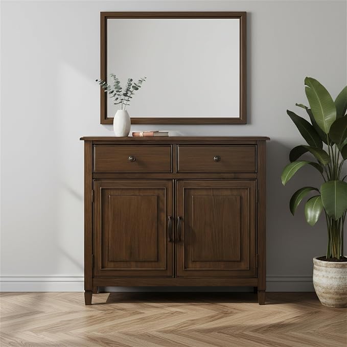 SIMPLIHOME Connaught 40" Solid Wood Cabinet in Rustic Natural Aged Brown | Traditional slim entryway and living room organizer for hats, gloves, shoes and keys with space-saving storage design.