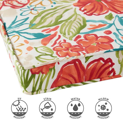 Outdoor 18 inch Square Patio Dining Chair Pads – Comfortable Fiber-Filled Seat Cushions with Ties, Reversible Polyester Fabric - Breeze Floral, Set of 2