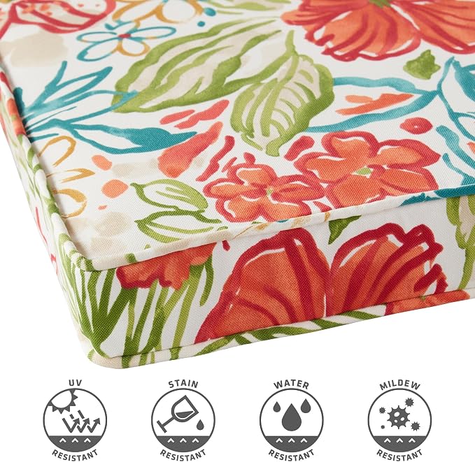 Outdoor 18 inch Square Patio Dining Chair Pads – Comfortable Fiber-Filled Seat Cushions with Ties, Reversible Polyester Fabric - Breeze Floral, Set of 4