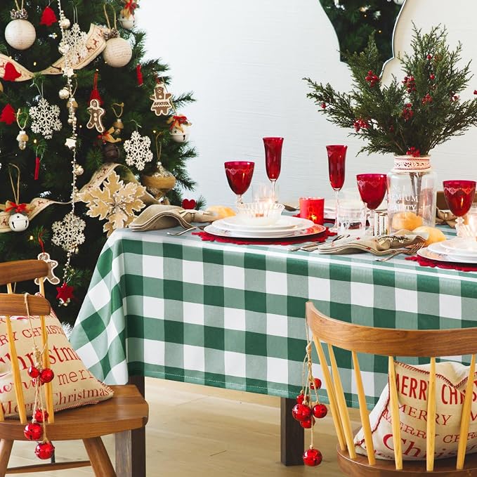 Hiasan Plaid Tablecloth Waterproof, 2 Pack, 60 x 84 inch - Checkered Table Cloth Rectangle for Christmas/Holiday/Spring Party/Outdoor Picnic/Kitchen, Forest Green and White
