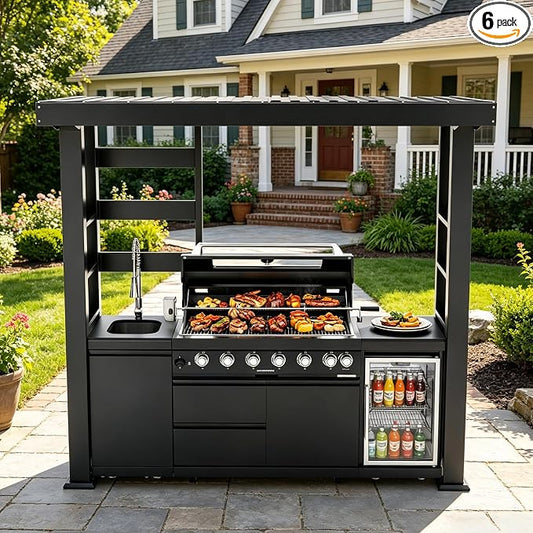 94" Stainless Steel Outdoor Kitchen Island with 6-Burner 85000 BTU,Heavy-Duty Propane Grill with Rotisserie Oven,Galvanized Steel Roof,Granite Countertops,Refrigerator,Sink.(Propane Gas)