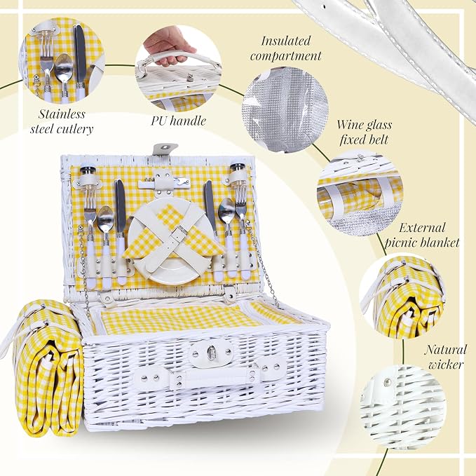 Wicker Picnic Basket Set for 4, Blanket, Cooler Bag, Yellow Grid | Four-Person Wicker Set Includes Tableware, Insulated Food Storage and Waterproof Blanket for Parks, Camping, Dates and Gifts