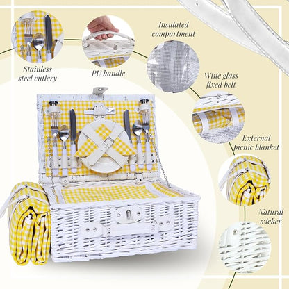 Wicker Picnic Basket Set for 4, Blanket, Cooler Bag, Yellow Grid | Four-Person Wicker Set Includes Tableware, Insulated Food Storage and Waterproof Blanket for Parks, Camping, Dates and Gifts
