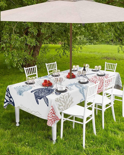 Blue Red Coastal Outdoor Tablecloth - 60x120 Inch Rectangle Waterproof Dining Table Cover, Nautical Summer Beach Coral Sea Turtle Outdoor Table Cloth with Umbrella Hole & Zipper for Patio
