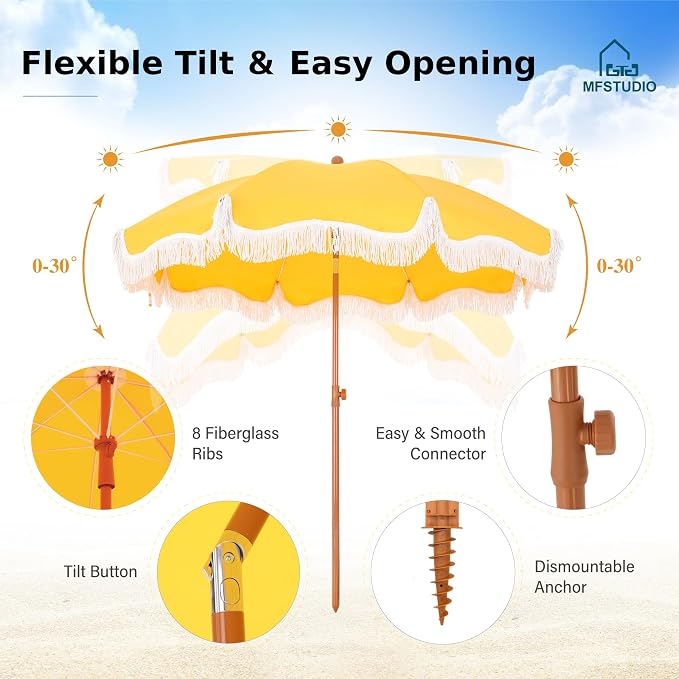 7ft Patio Beach Umbrella with Fringe, Outdoor Umbrella for Poolside, Yellow | MFSTUDIO Tassel Umbrellas UPF50+ with Sand Anchor & Tilt Button, Holiday Outdoor Umbrella with Carry Bag, Ideal for Garden
