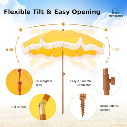 7ft Patio Beach Umbrella with Fringe, Outdoor Umbrella for Poolside, Yellow | MFSTUDIO Tassel Umbrellas UPF50+ with Sand Anchor & Tilt Button, Holiday Outdoor Umbrella with Carry Bag, Ideal for Garden