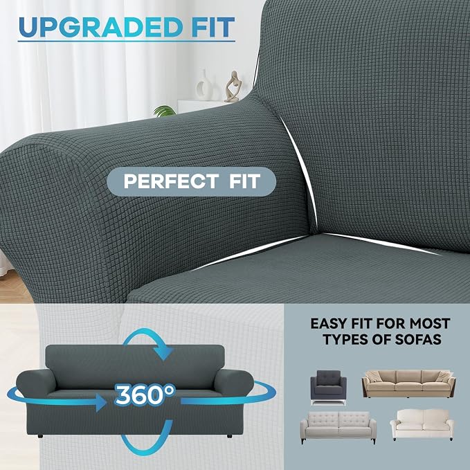 LURKA Stretch Couch Cover for Sofa, 1 Piece 3 Cushion Slipcover, Grey | Soft Stretch Jacquard, Fits 78"-94" Sofas, Elastic Bottom for Secure Fit, Machine Washable, Pet & Kid Friendly