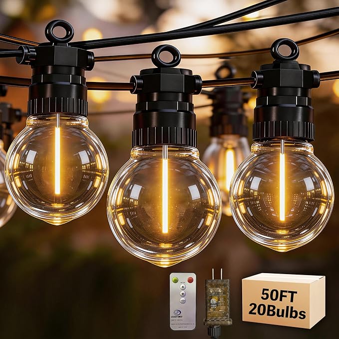 50FT Outdoor String Lights with Remote, 20 Dimmable Shatterproof LED G50 Bulbs, Waterproof Patio & Backyard Lights for Pergola, Deck, Garden, Bistro, Commercial Grade Hanging Lights