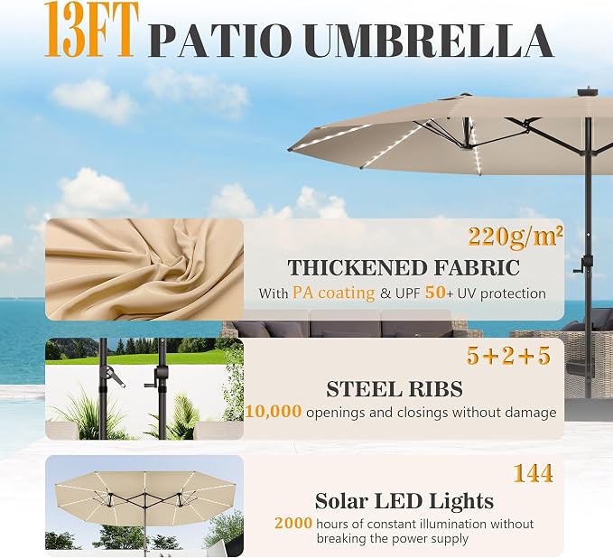 GDPFN 13ft Large Patio Umbrella with Solar Lights, Outdoor Double-Side Rectangular Umbrella, Backyard Pool Umbrella with LED Light for Deck, Outside, Market, Beige (Base Not Include)