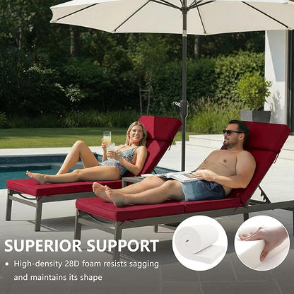 80 x 26 Inch Outdoor Chaise Lounge Cushions Set of 2 - Removable Cover, 4-Section Design, Water-Repellent & Fade-Resistant, 6 Tie Straps, Replacement for Patio & Pool Chairs - Burgundy