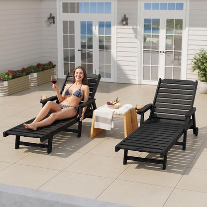 Garvee Lounge Chair Outdoor Set of 2 with Wheels & 5-Position Adjustable Backrest, Oversized Chaise Lounge with 2 Move Handle, HDPE Lounge Chair w/Detachable Cup Holder, for Patio, Pool,Black
