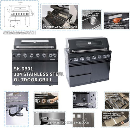 Modular 304 Stainless Steel Outdoor Kitchen Island Gas Grill,Six Burner 85000 BTU Barbecue Station with Refrigerator,Sink,Faucet,Rotisserie,Granite Countertop,Storage Drawers,Cabinets,Wheels (Black)