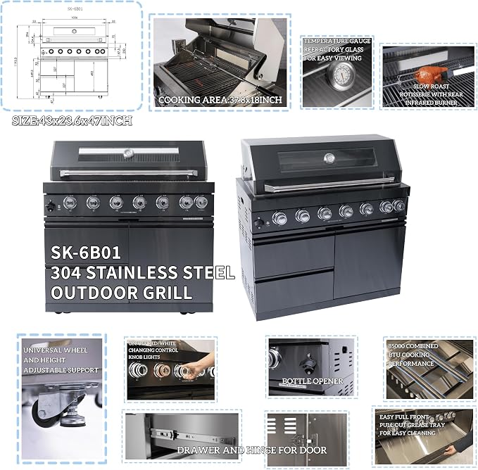 101-Inch 6-Burner 85000 BTU Stainless Steel Outdoor Kitchen Island Propane Gas Grill + Wine Cooler Refrigerator + Rotisserie Kit + Granite Countertops + Sink, For Backyard & Patio Entertaining, Black