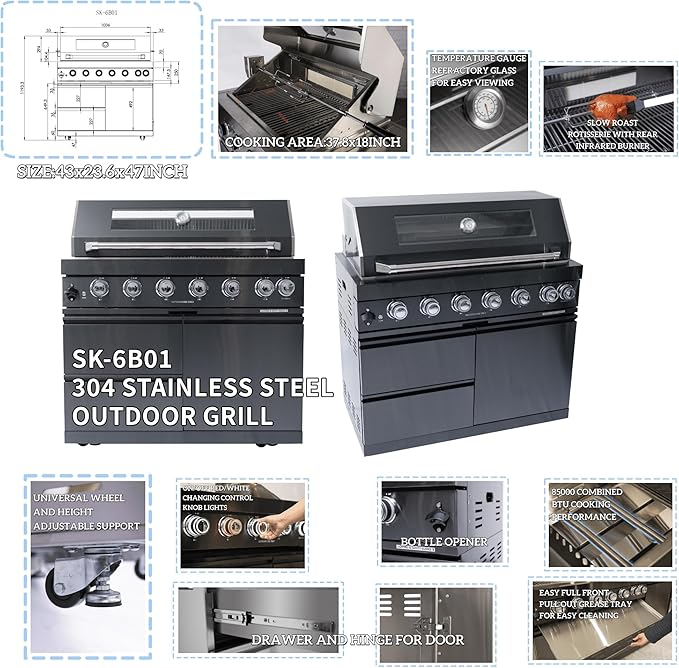 82-Inch 6-Burner Propane Gas Outdoor Grill Island, 85000 BTU 304 Stainless Steel BBQ, Wine Cooler, Sink, Black Granite Countertops, Almost Fully Assembled for Patio Backyard BBQ, Black