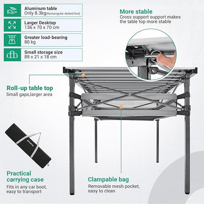 KingCamp Folding Camping Table, Portable Camp Table Foldable Aluminum Roll Up Seamless Desktop with Storage and Tall Legs for Outdoor Backyard Picnic