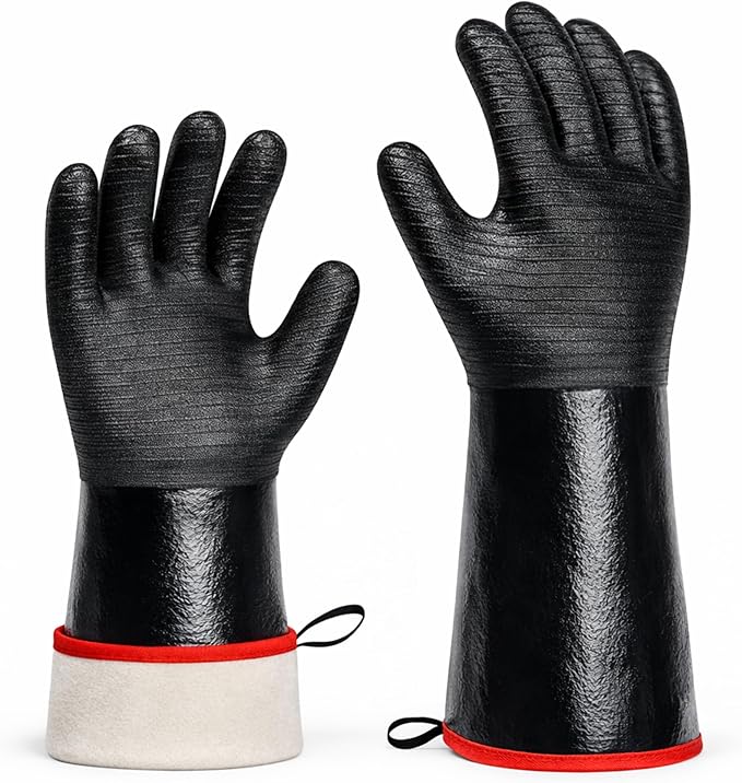 GRILL HEAT AID 932°F Heat Resistant BBQ Grill Gloves - Oil Resistant Waterproof Cooking Gloves for Deep Frying Turkey, Smoker Gloves Heat Proof for Grilling, Handling Hot Meat Rotisserie, 14" Neoprene