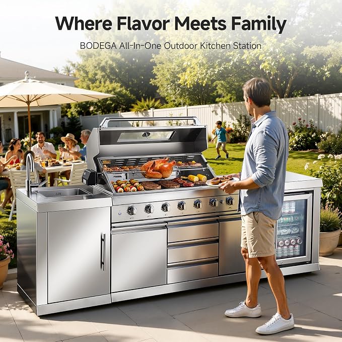 BODEGACOOLER Outdoor Kitchen Island with 6-Burner 97,000 BTU Propane Grill, Stainless Steel BBQ with Built-in Refrigerator and Sink for Backyard hosting, Patio Barbecue
