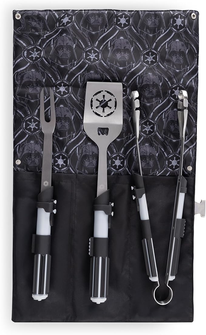 Picnic TIME Star Wars Darth Vader BBQ 3 Pcs Grill Tool Set with Case, Stainless Steel Barbecue Utensils, Saber Handle Tongs Fork Spatula with Bottle Opener, Portable Canvas Roll Up Case, (Black)