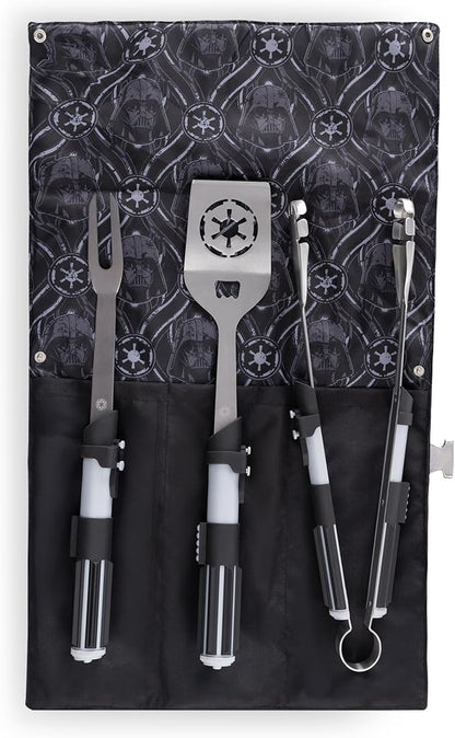 Picnic TIME Star Wars Darth Vader BBQ 3 Pcs Grill Tool Set with Case, Stainless Steel Barbecue Utensils, Saber Handle Tongs Fork Spatula with Bottle Opener, Portable Canvas Roll Up Case, (Black)